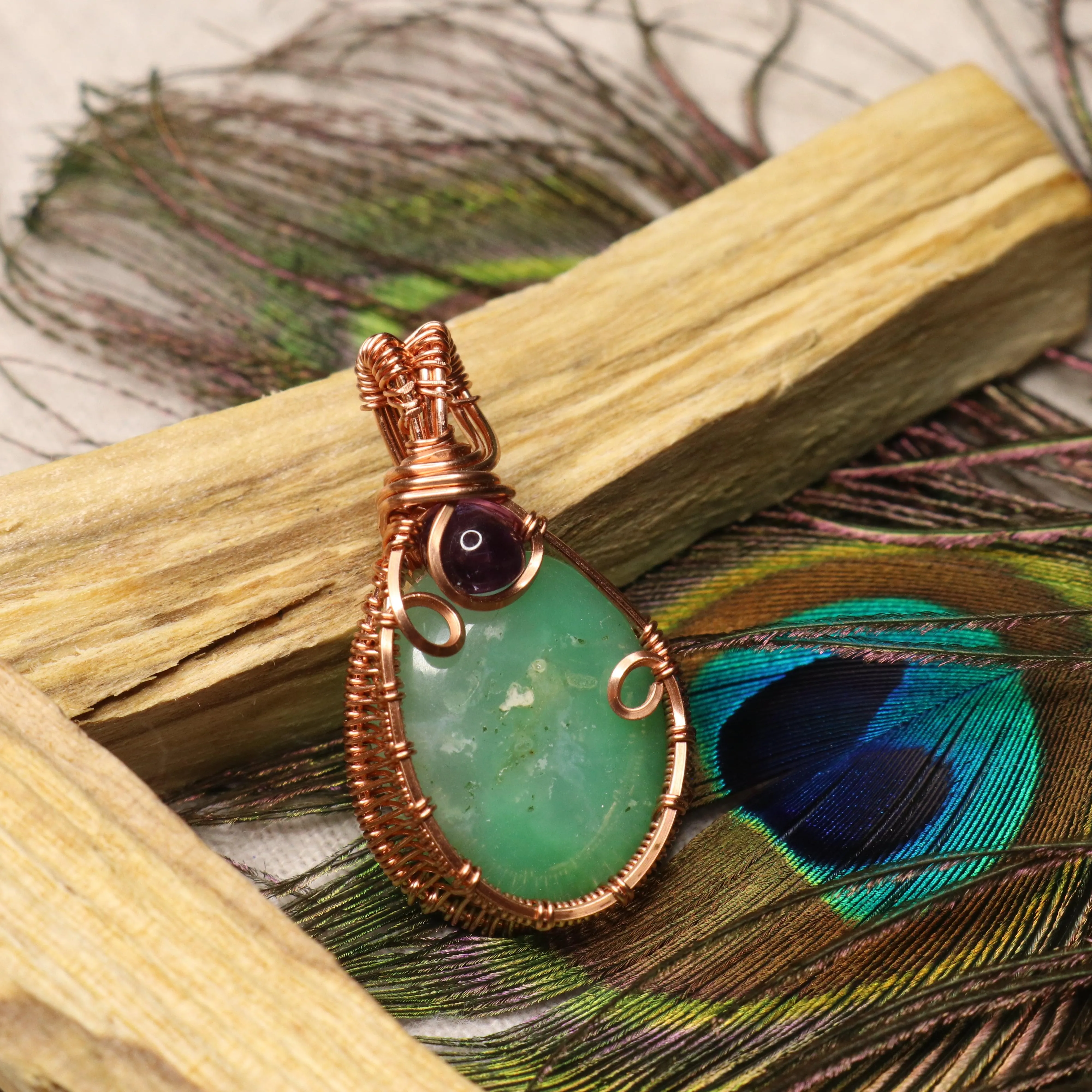 Green Chrysoprase Copper Wrapped Pendant with Amethyst Accents ~ One of a Kind