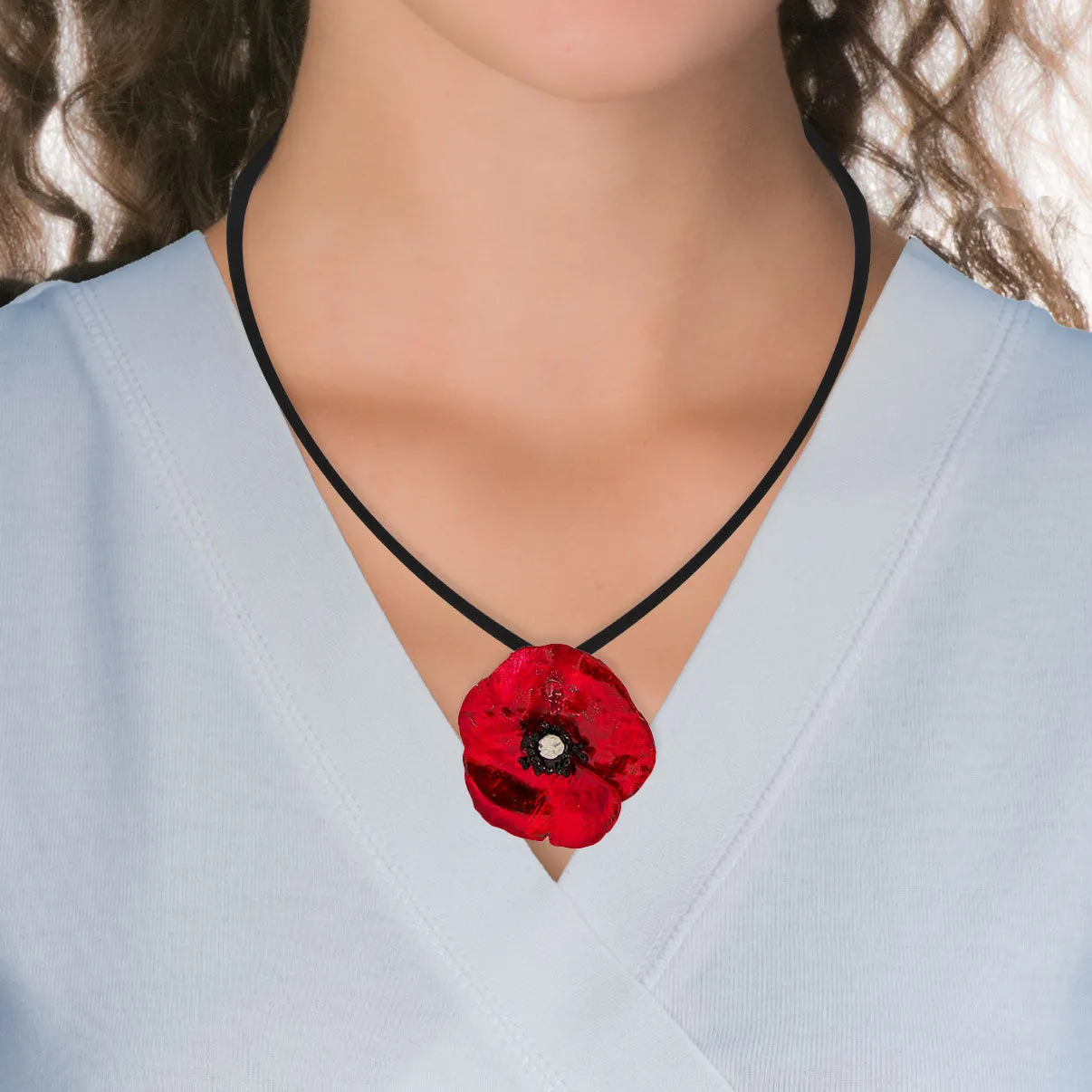 Handmade Silver Impressive Red Poppy Short Rubber Choker Necklace