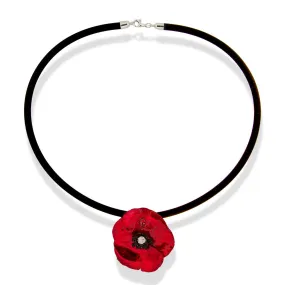 Handmade Silver Impressive Red Poppy Short Rubber Choker Necklace