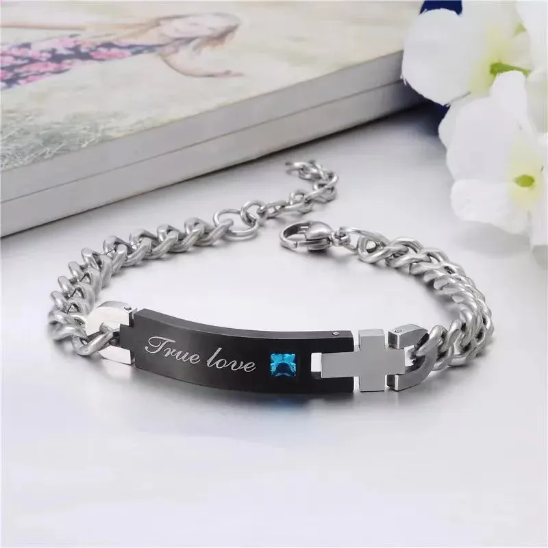 His & Hers Stainless Steel Bracelet Link Wrist CZ Curb Chain Couple Set