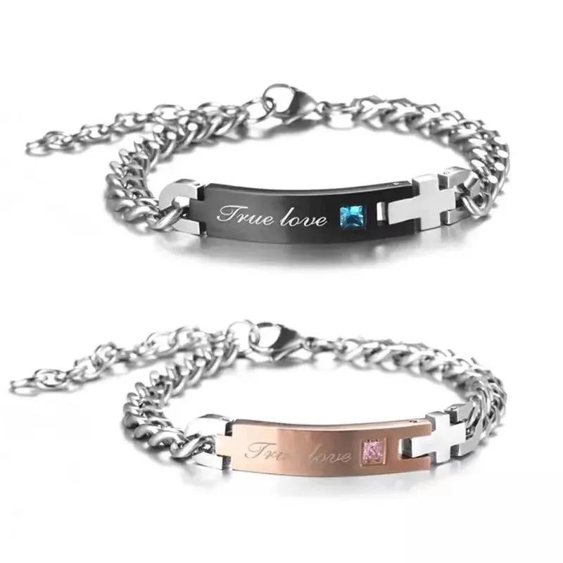 His & Hers Stainless Steel Bracelet Link Wrist CZ Curb Chain Couple Set