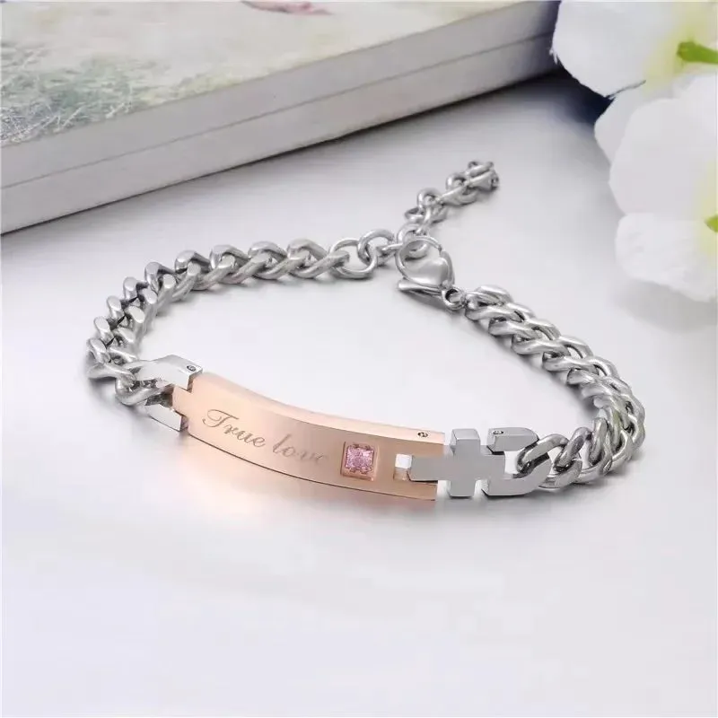 His & Hers Stainless Steel Bracelet Link Wrist CZ Curb Chain Couple Set