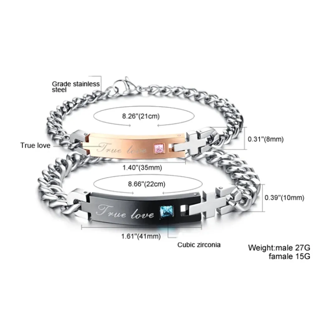 His & Hers Stainless Steel Bracelet Link Wrist CZ Curb Chain Couple Set