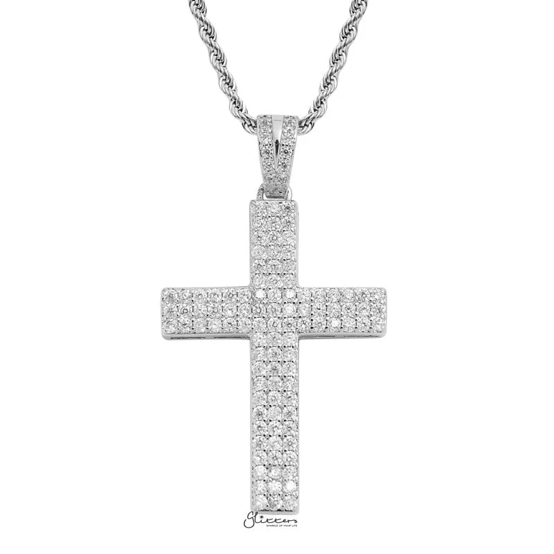 Iced Out Micro CZ Pave Cross Pendant - Silver