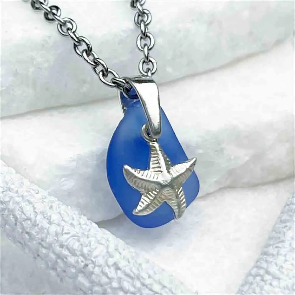 Light Cobalt Blue Sea Glass Pendant with Sterling Silver Sea Star Charm | 5240