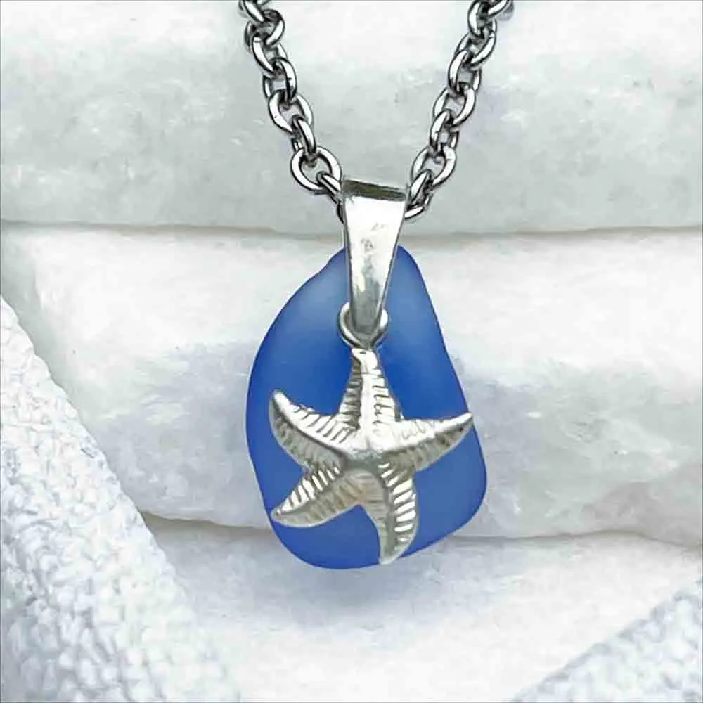 Light Cobalt Blue Sea Glass Pendant with Sterling Silver Sea Star Charm | 5240