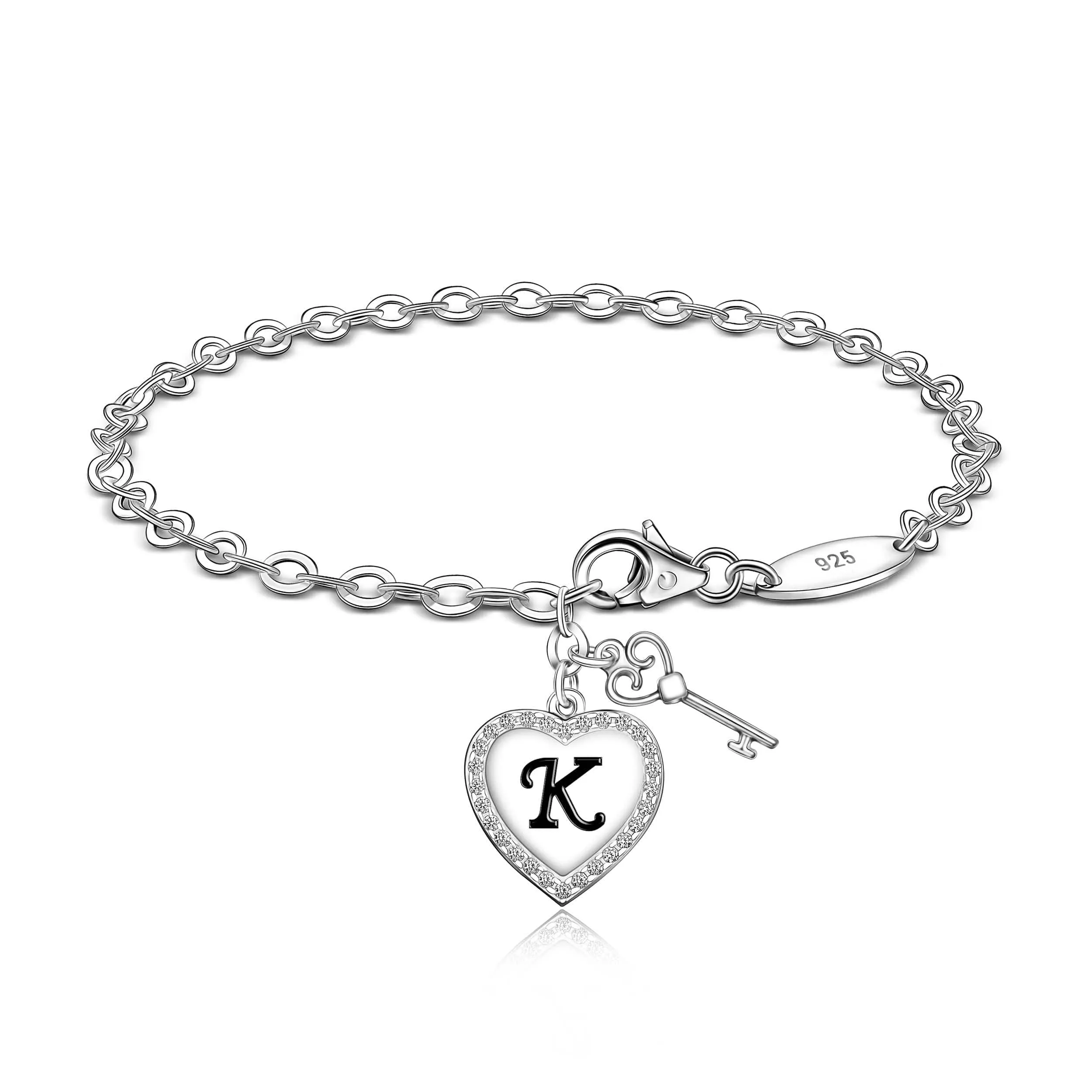 Love Heart Initial Bracelets Silver, 26 Alphabets