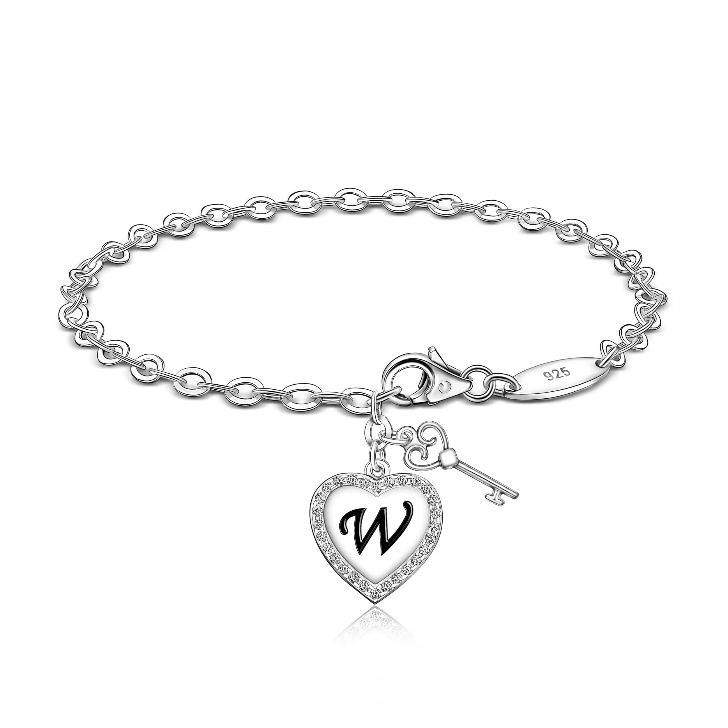 Love Heart Initial Bracelets Silver, 26 Alphabets