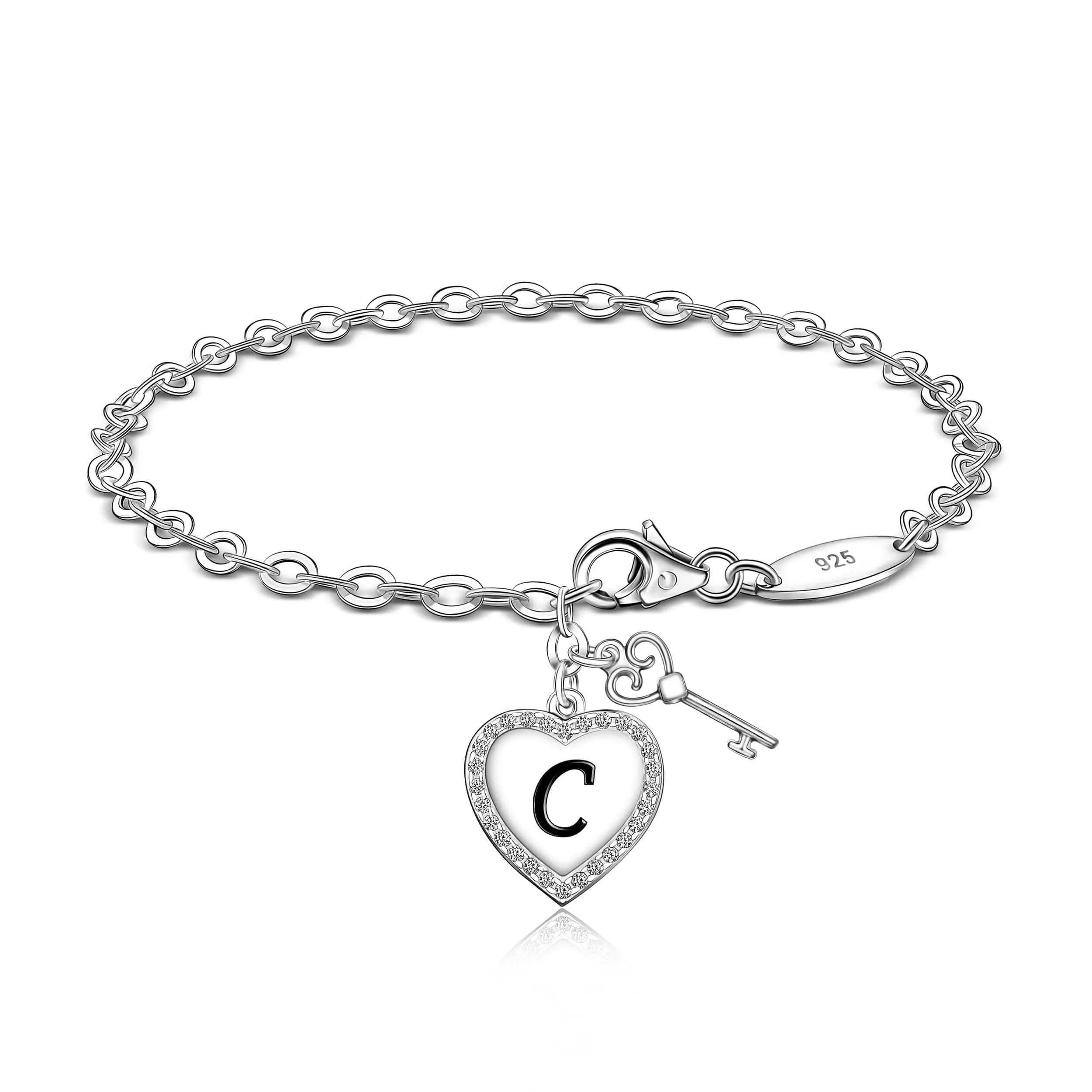 Love Heart Initial Bracelets Silver, 26 Alphabets