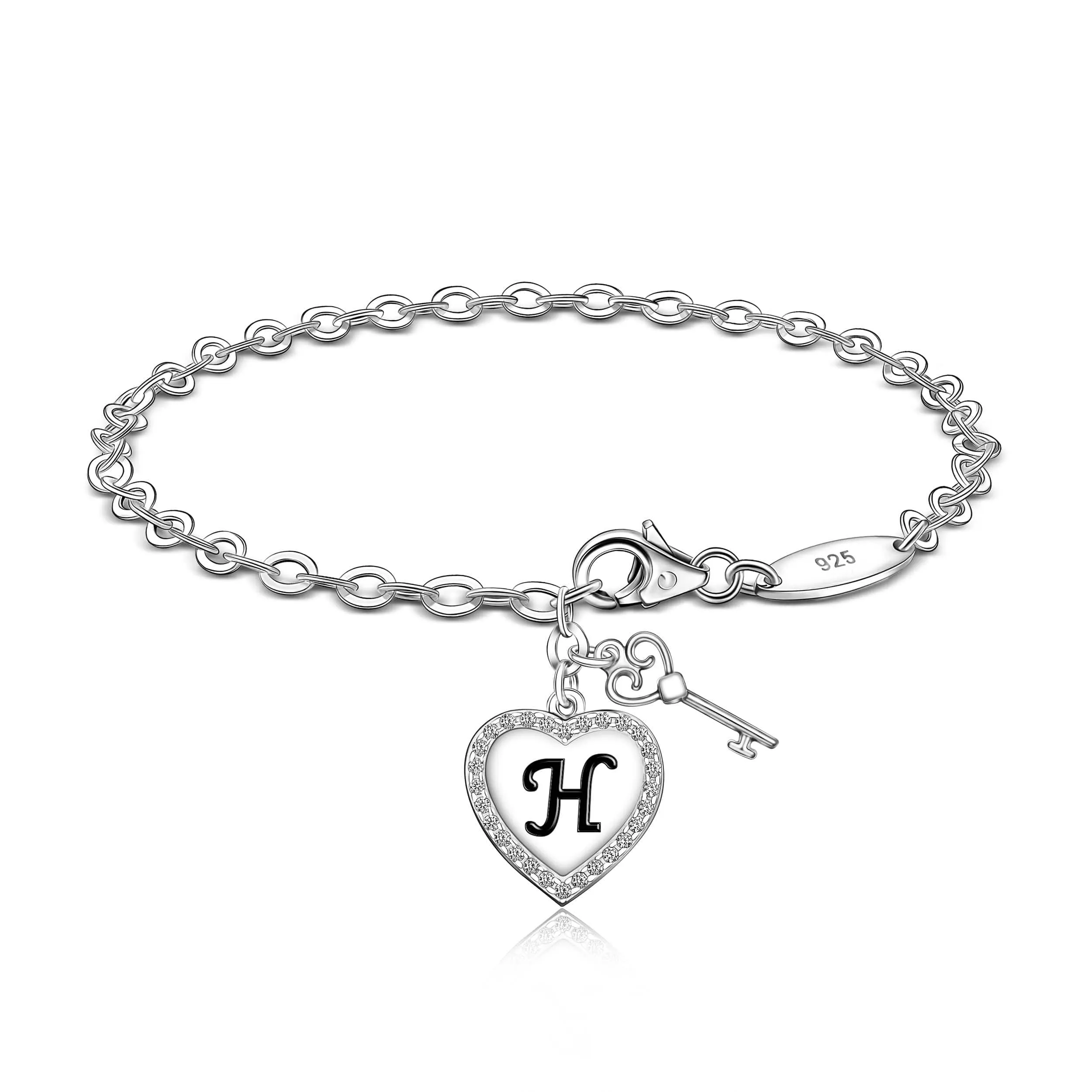 Love Heart Initial Bracelets Silver, 26 Alphabets