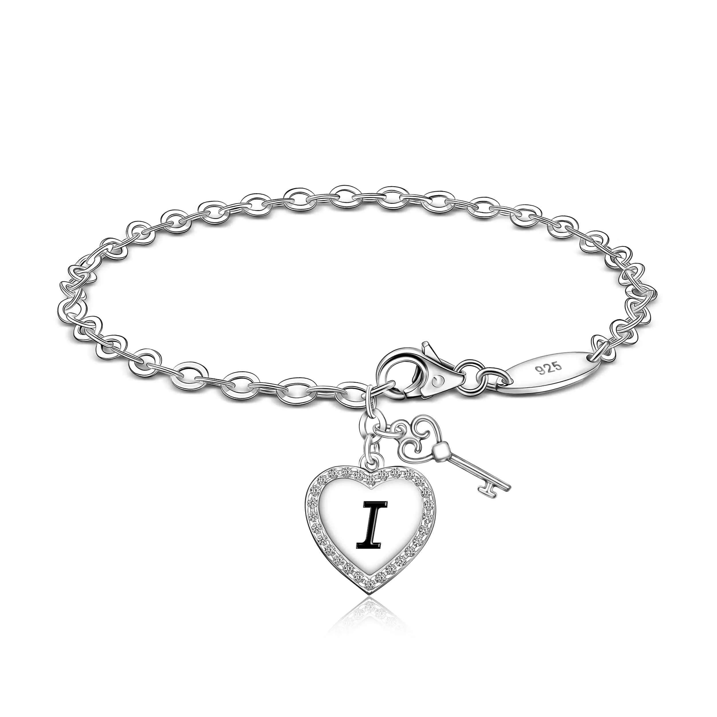 Love Heart Initial Bracelets Silver, 26 Alphabets