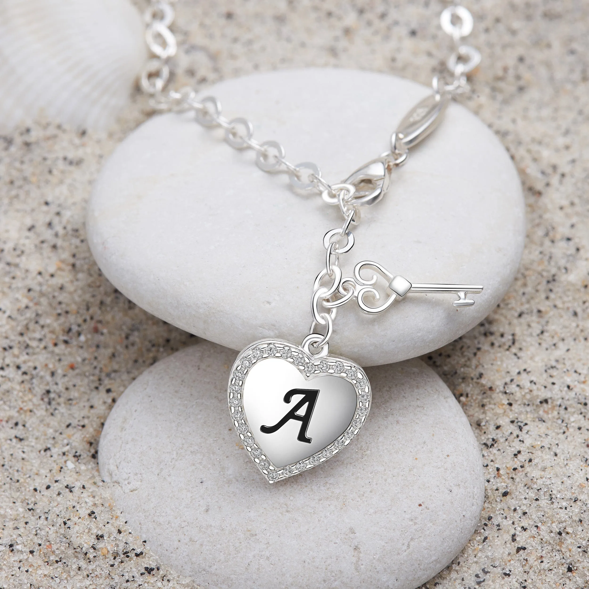 Love Heart Initial Bracelets Silver, 26 Alphabets