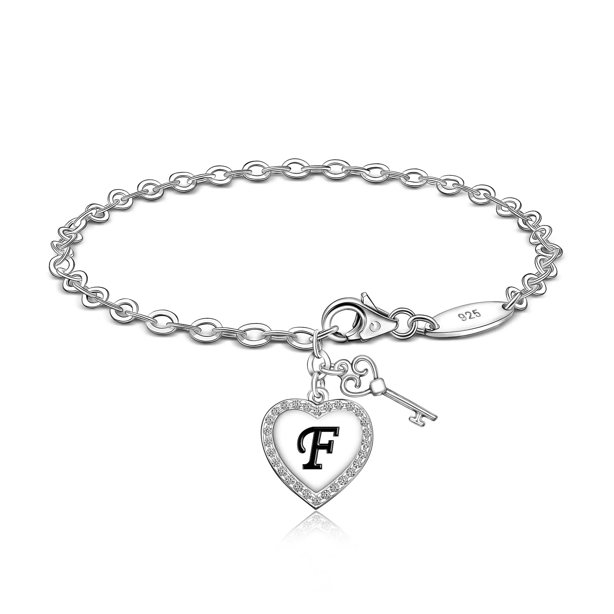 Love Heart Initial Bracelets Silver, 26 Alphabets