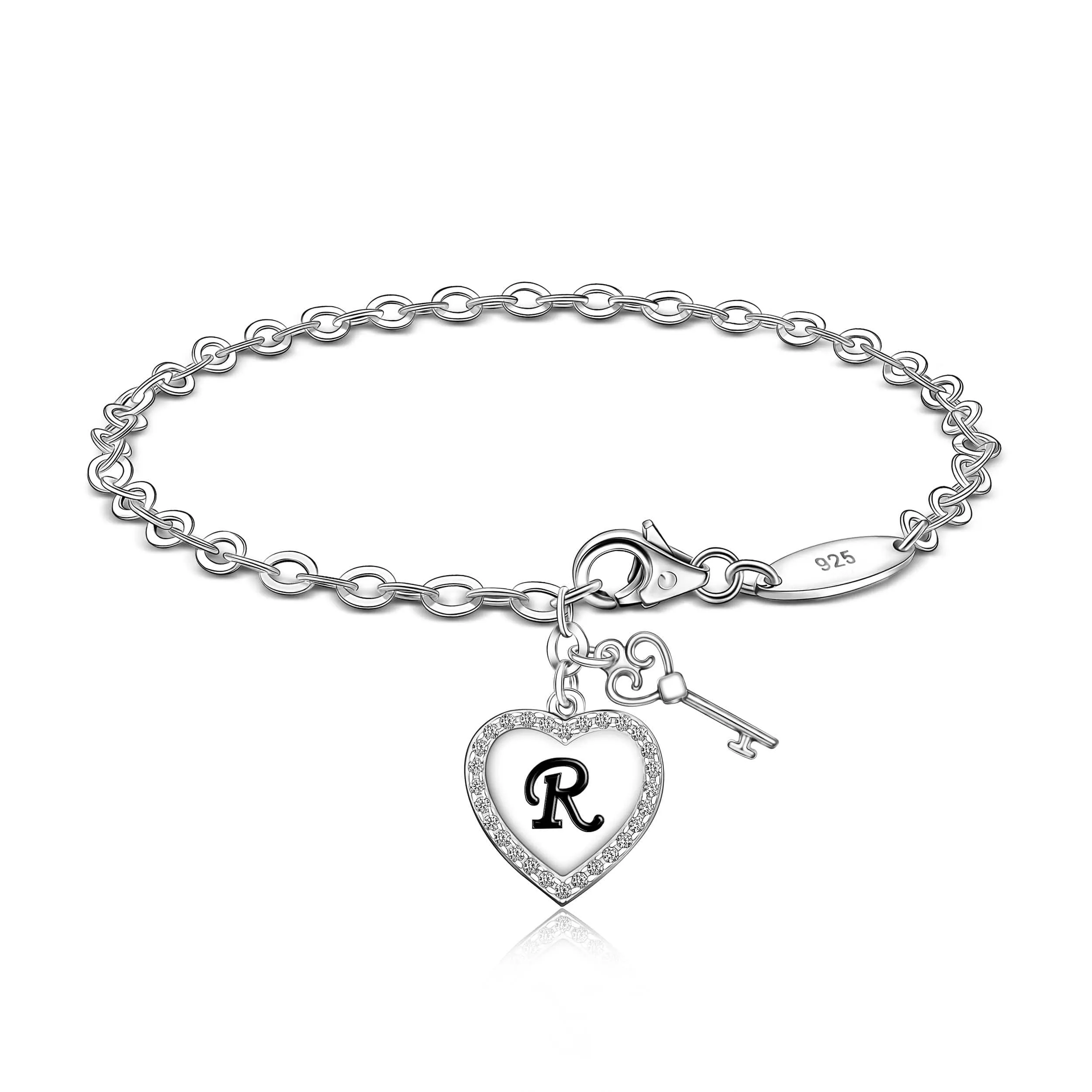 Love Heart Initial Bracelets Silver, 26 Alphabets