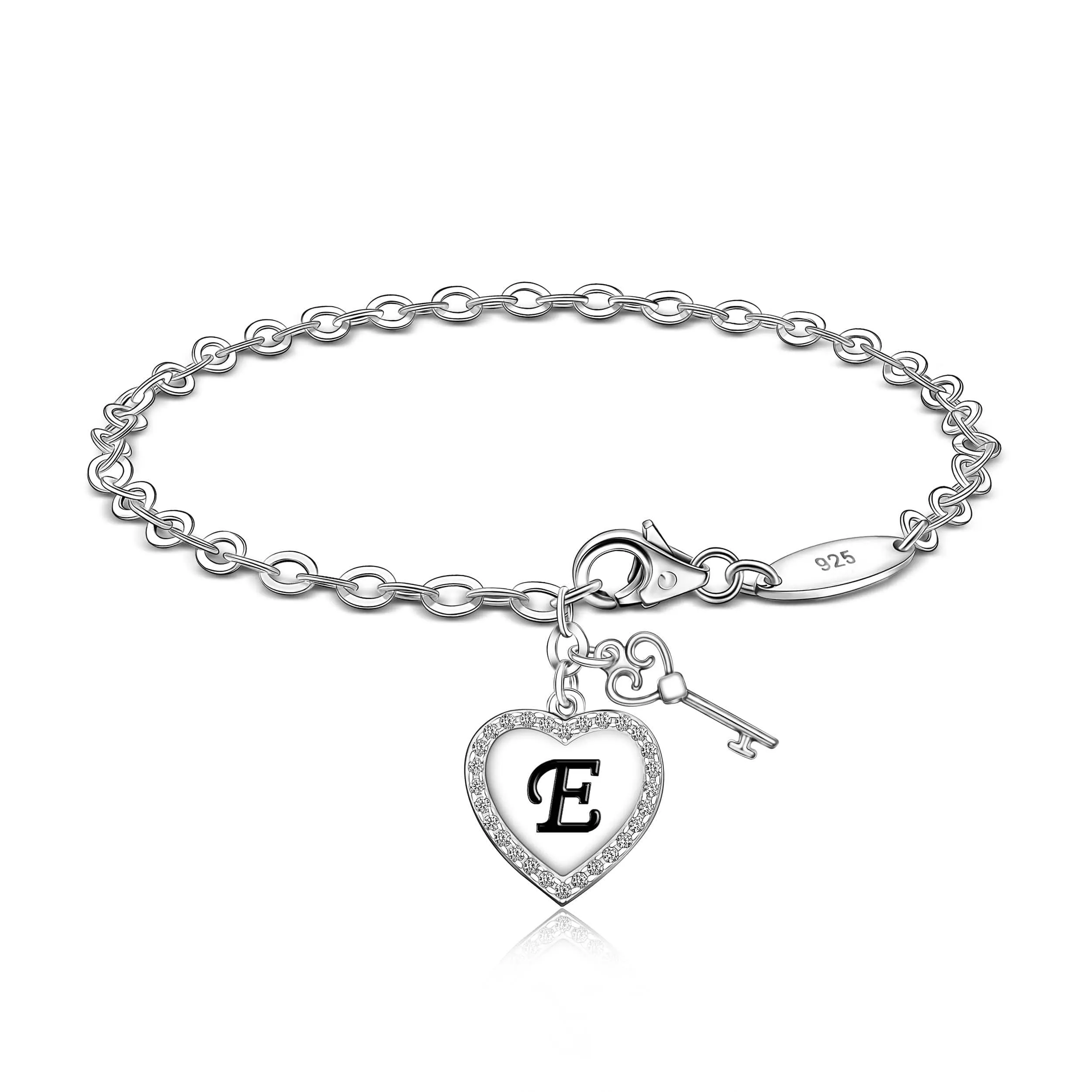 Love Heart Initial Bracelets Silver, 26 Alphabets