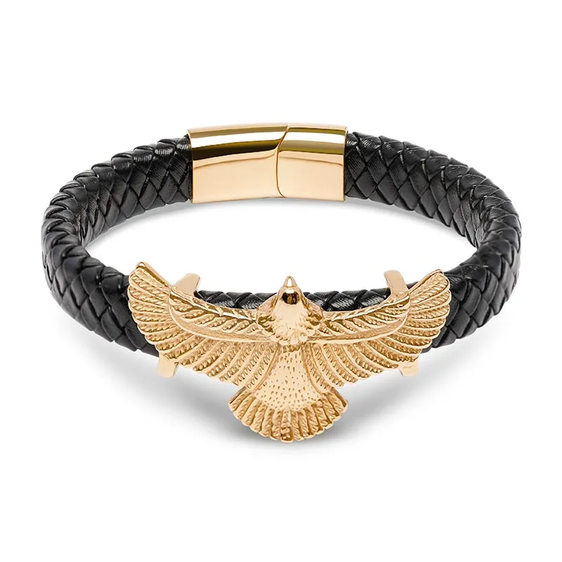 Luxury Leather Gold IP Plated Stainless Steel Eagle Bracelet