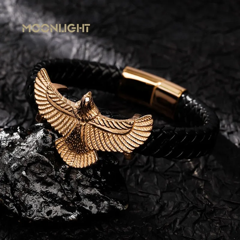 Luxury Leather Gold IP Plated Stainless Steel Eagle Bracelet