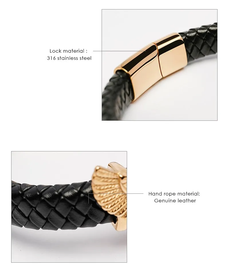 Luxury Leather Gold IP Plated Stainless Steel Eagle Bracelet