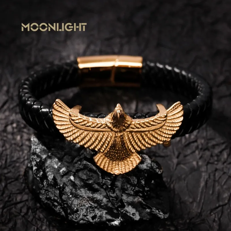 Luxury Leather Gold IP Plated Stainless Steel Eagle Bracelet