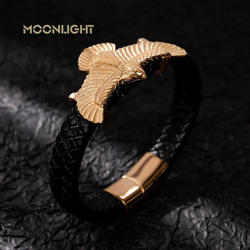 Luxury Leather Gold IP Plated Stainless Steel Eagle Bracelet