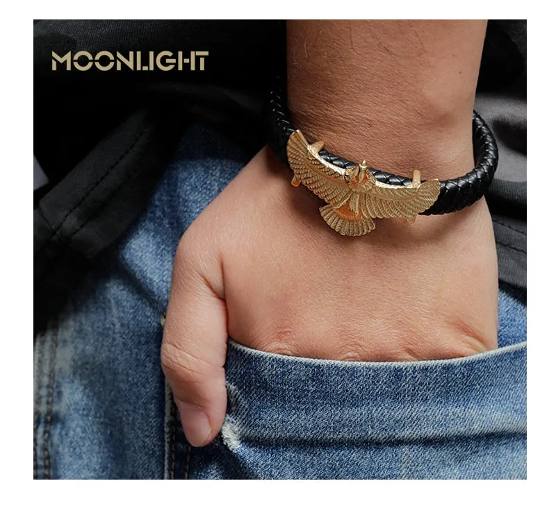 Luxury Leather Gold IP Plated Stainless Steel Eagle Bracelet