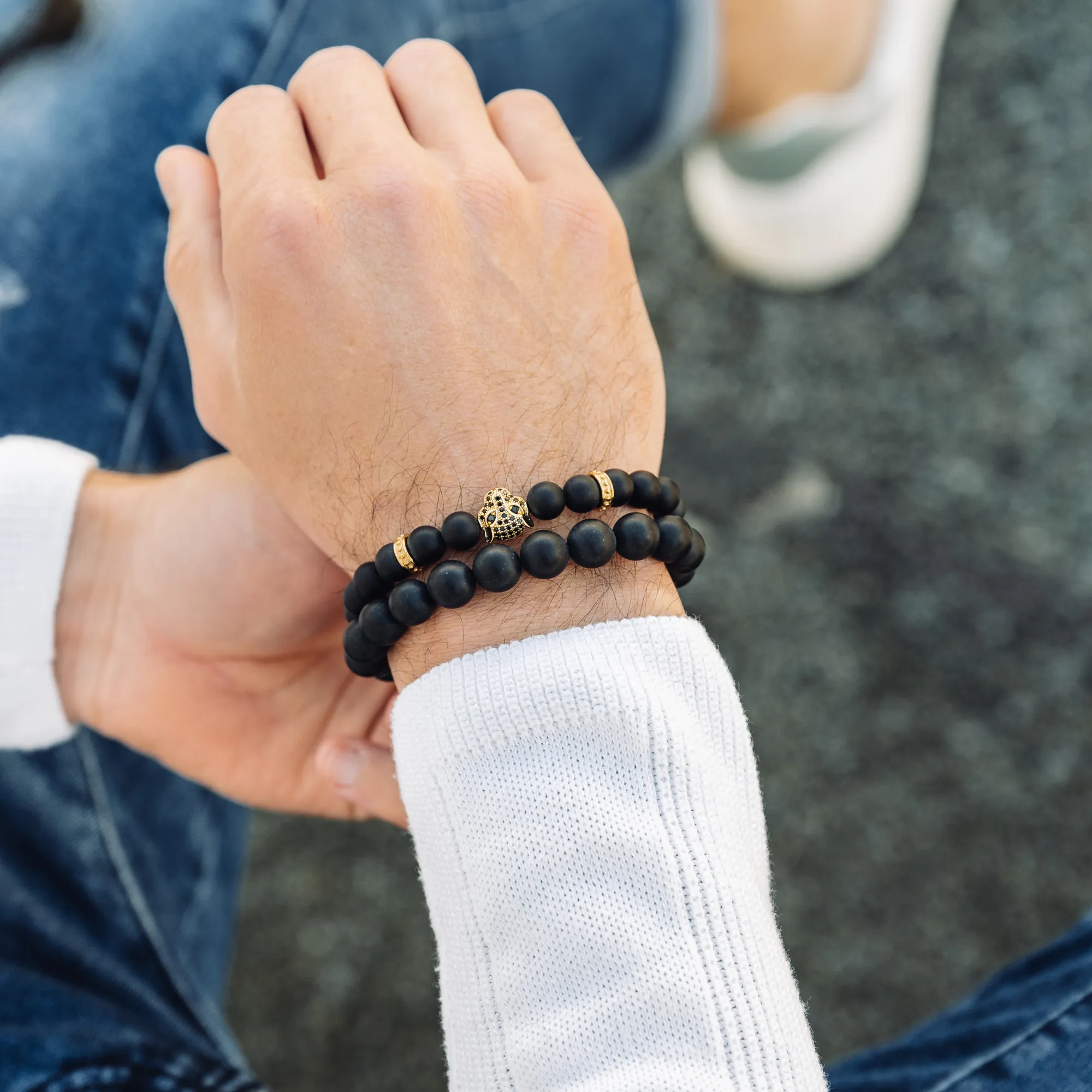 Men's BLACK ONYX Bracelet With Golden LEOPARD Head - One Size Fits All