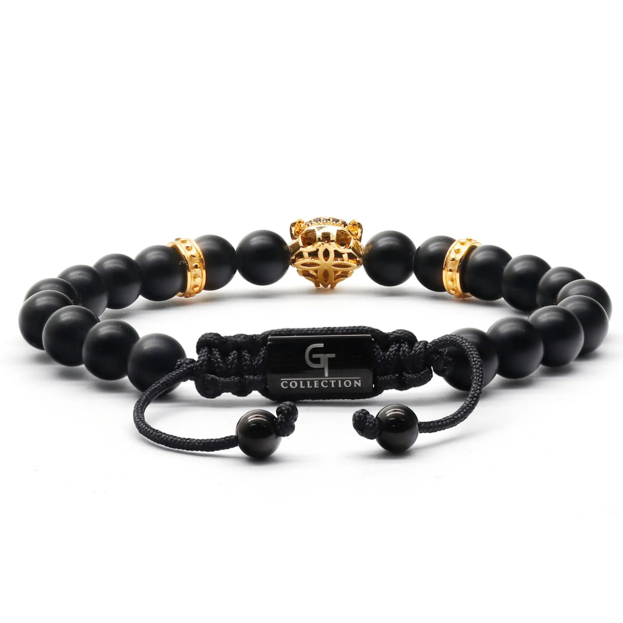 Men's BLACK ONYX Bracelet With Golden LEOPARD Head - One Size Fits All