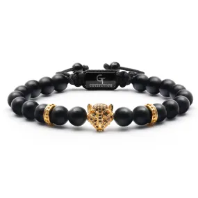 Men's BLACK ONYX Bracelet With Golden LEOPARD Head - One Size Fits All