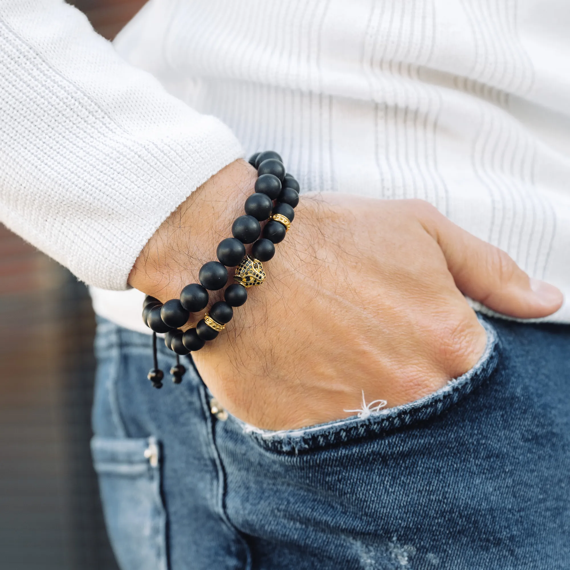 Men's BLACK ONYX Bracelet With Golden LEOPARD Head - One Size Fits All