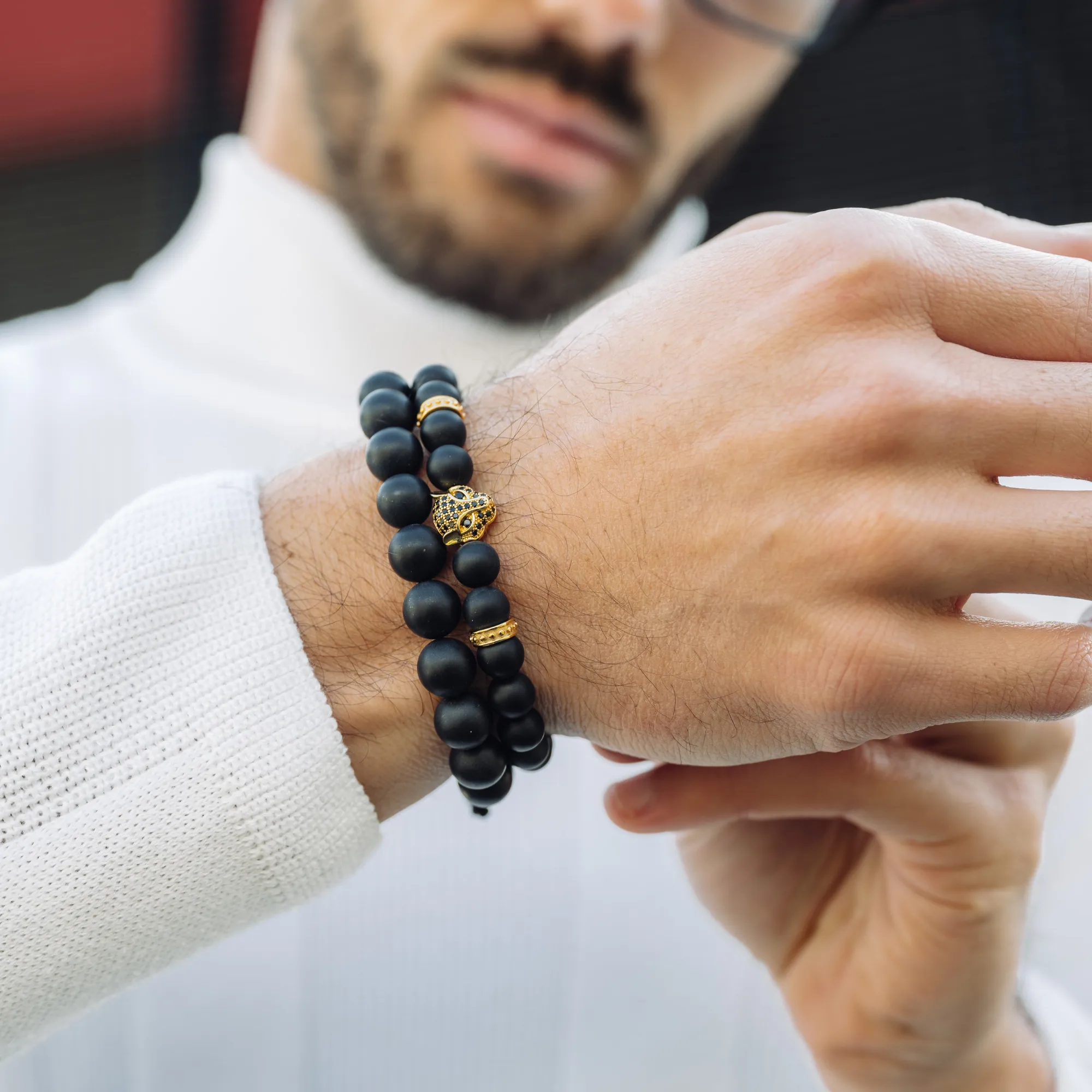 Men's BLACK ONYX Bracelet With Golden LEOPARD Head - One Size Fits All