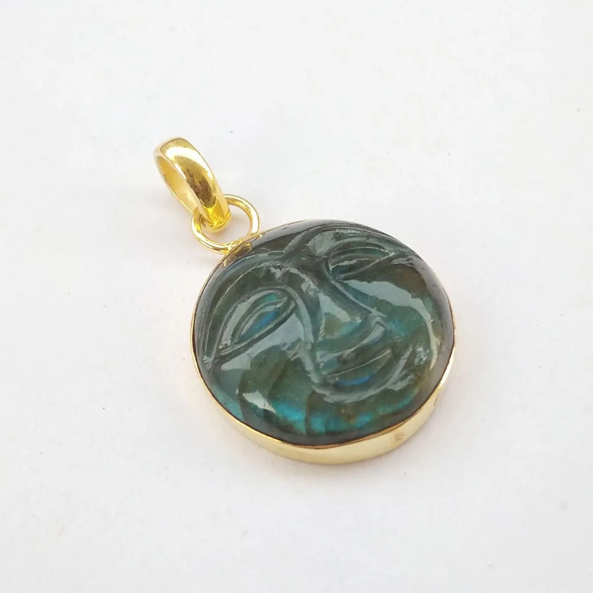 Natural Labradorite Birthstone Moon Face Pendant Made 18K Gold Plated