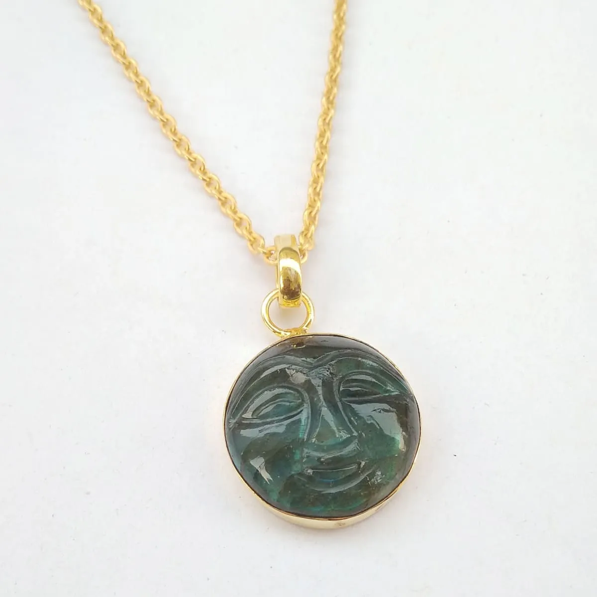 Natural Labradorite Birthstone Moon Face Pendant Made 18K Gold Plated