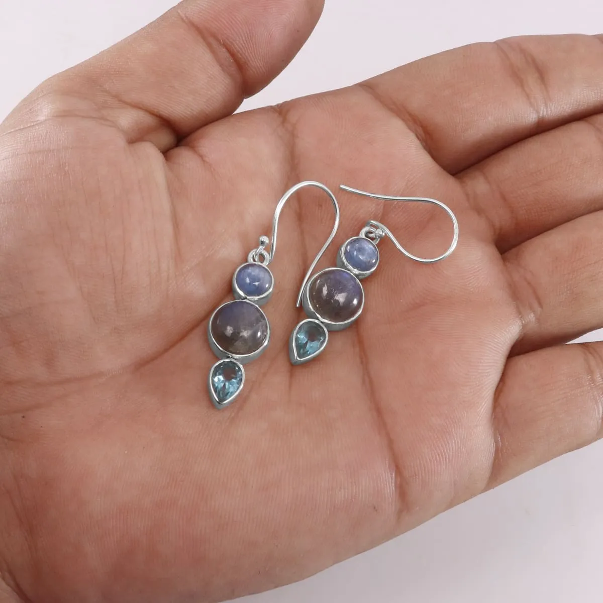 Natural Labradorite Kyanite Blue topaz Sterling Silver Earring, Handmade Three Stone Earring, 925 Silver Dangle Earring, Gemstone Earring Gift For Her