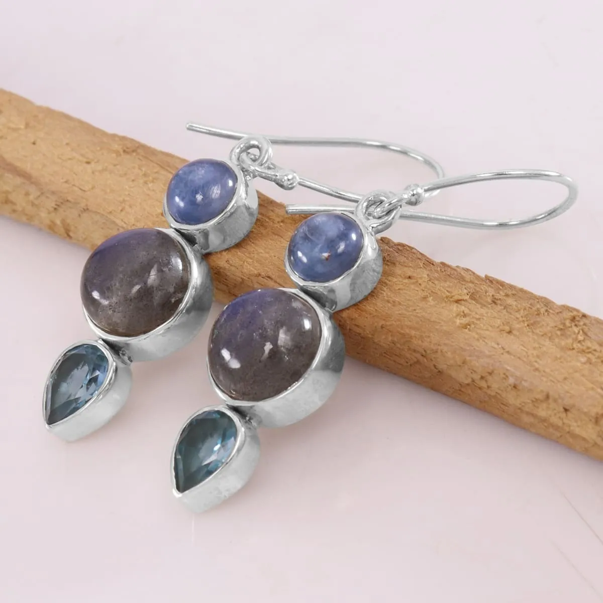 Natural Labradorite Kyanite Blue topaz Sterling Silver Earring, Handmade Three Stone Earring, 925 Silver Dangle Earring, Gemstone Earring Gift For Her