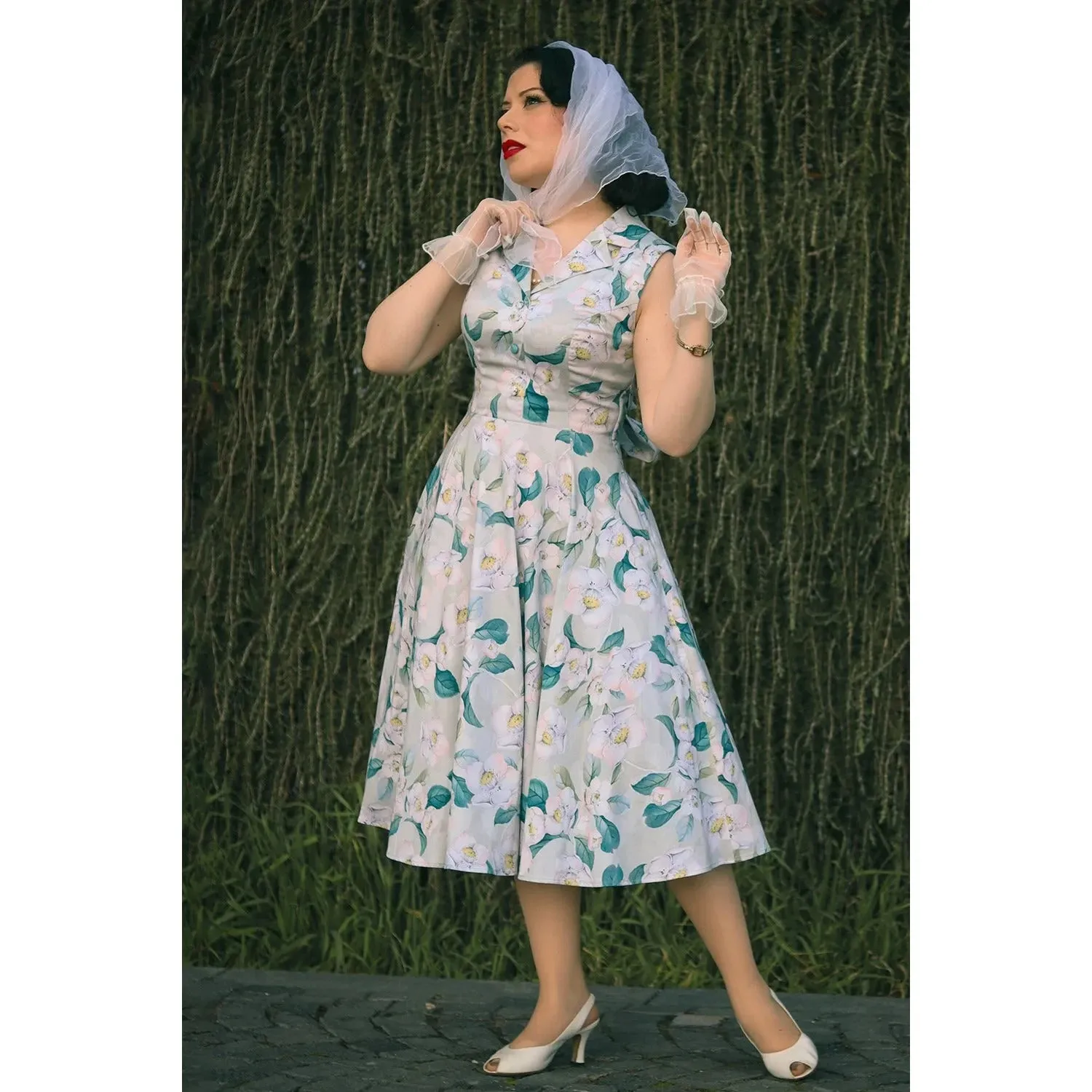 Pale Mint Green & White Floral Collared Sleeveless 50s Swing Tea Dress