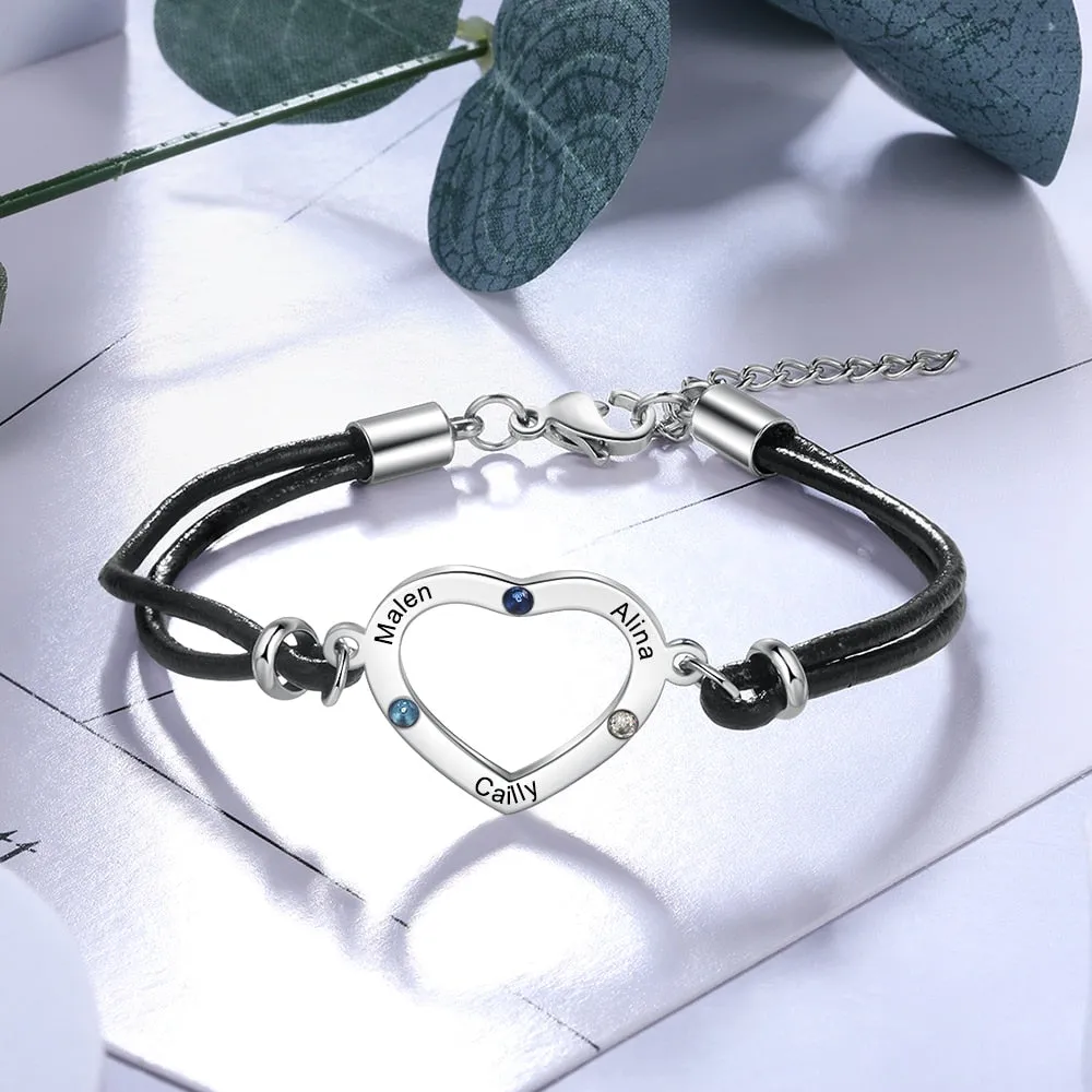 Personalized Heart Bracelet with 3 Birthstones Customized Engraving Mother Kids Name Chain Bracelet Anniversary Jewelry