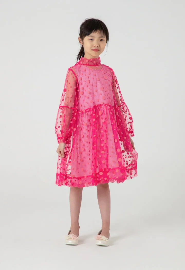 Polka Dot Flocked Mesh Lantern Sleeve Dress