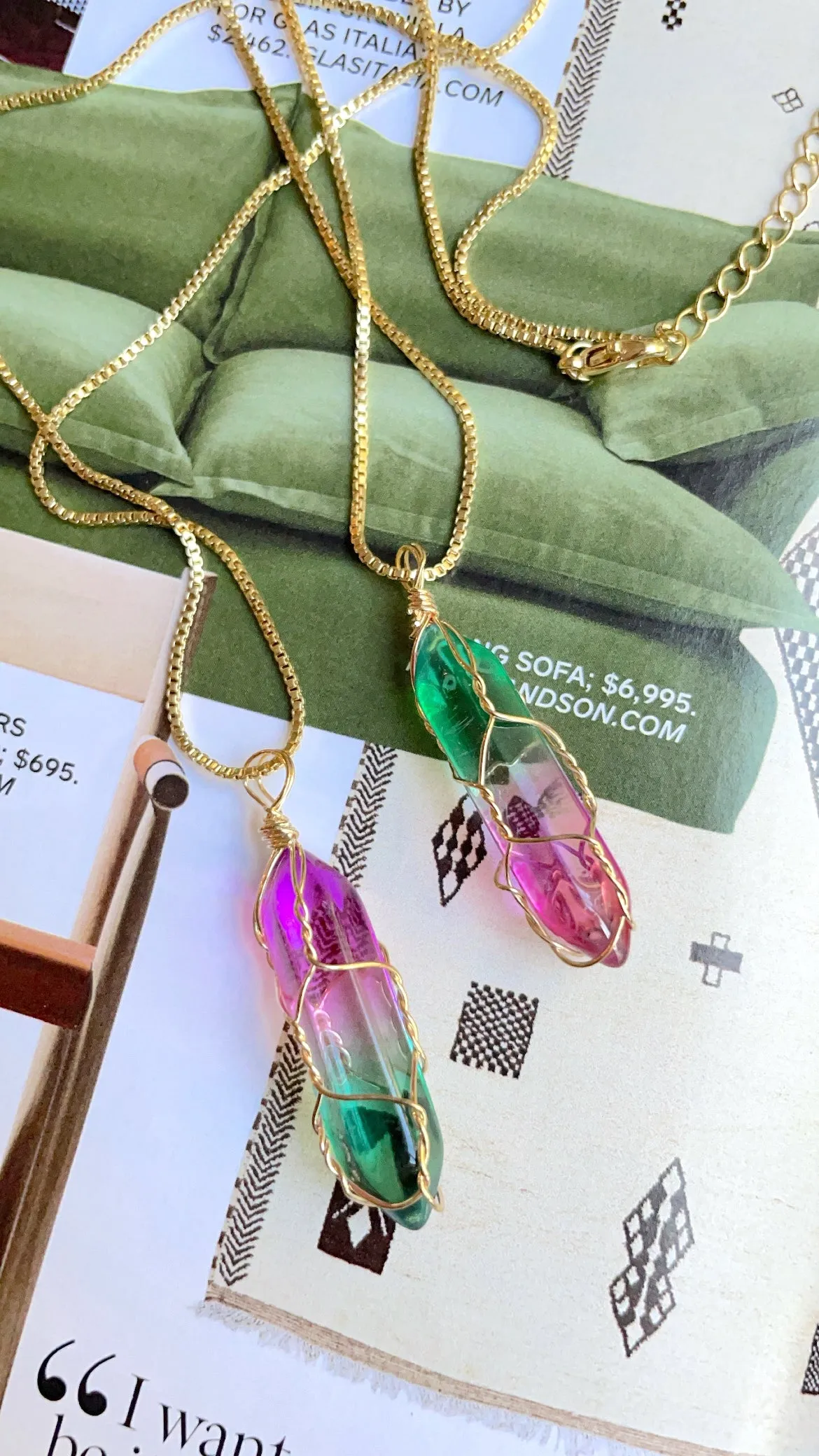 Purple/Green crystal stone pendant necklace