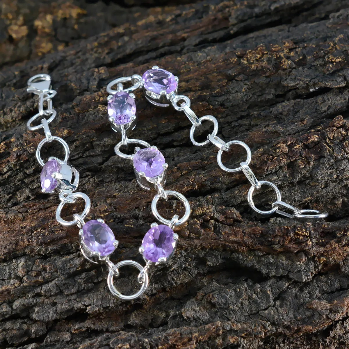 Riyo Bulk 925 Sterling Silver Bracelet For Girl Amethyst Bracelet Prong Setting Bracelet with Fish Hook Tennis Bracelet L Size 6-8.5 Inch.