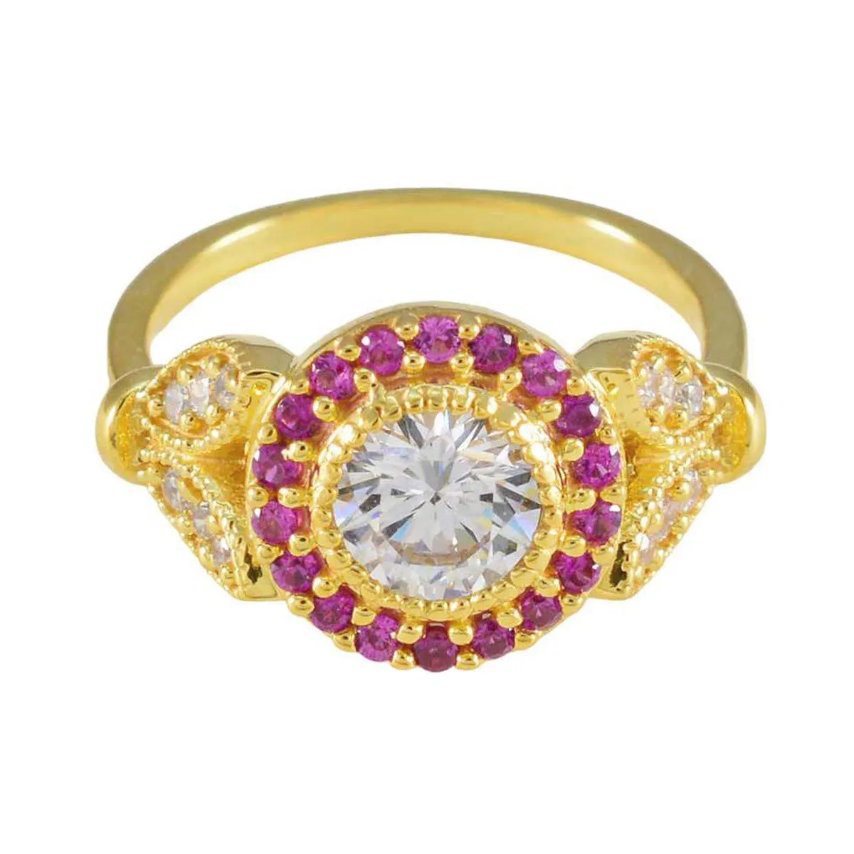 Riyo Dazzling Silver Ring With Yellow Gold Plating Ruby CZ Stone Round Shape Prong Setting Ring