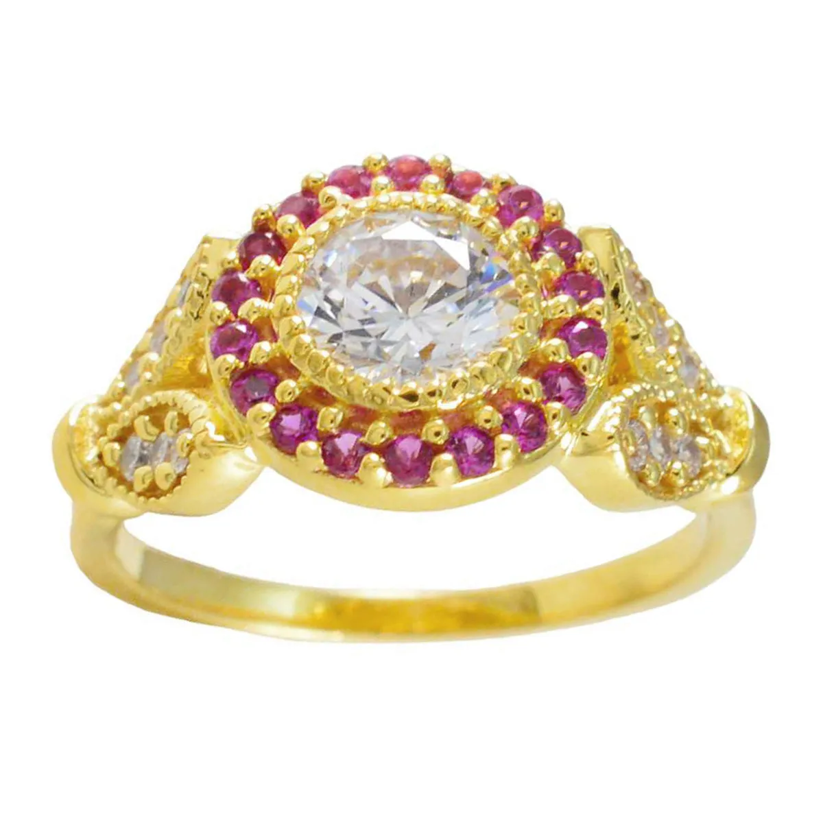 Riyo Dazzling Silver Ring With Yellow Gold Plating Ruby CZ Stone Round Shape Prong Setting Ring