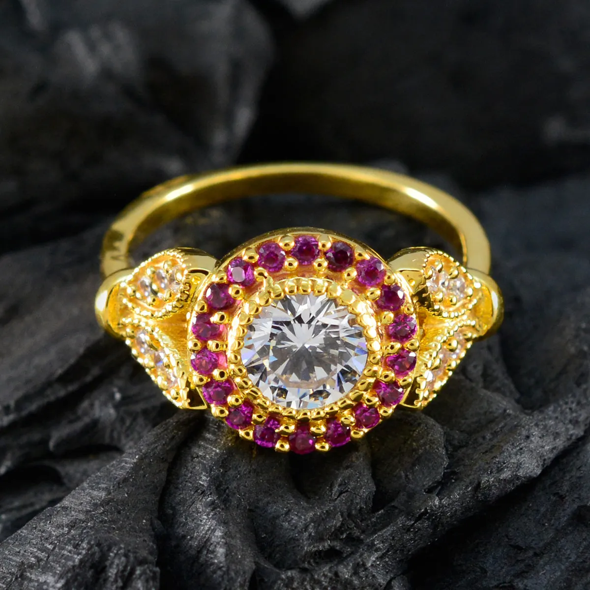 Riyo Dazzling Silver Ring With Yellow Gold Plating Ruby CZ Stone Round Shape Prong Setting Ring