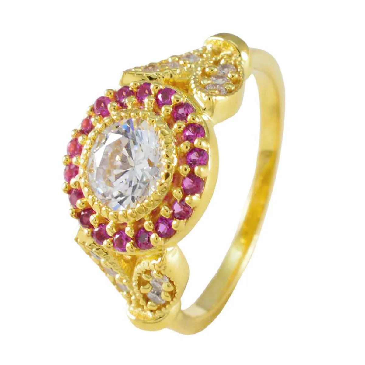 Riyo Dazzling Silver Ring With Yellow Gold Plating Ruby CZ Stone Round Shape Prong Setting Ring