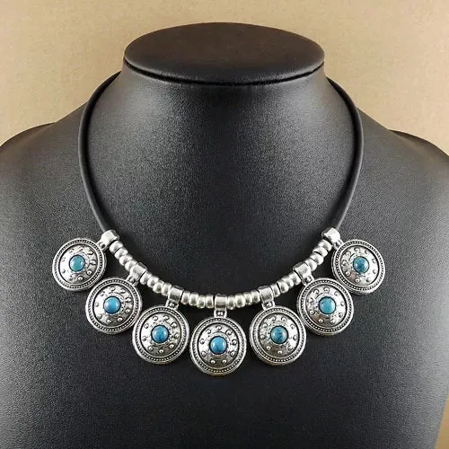 Round Vintage Tibetan Silver Leather Choker Statement Necklace