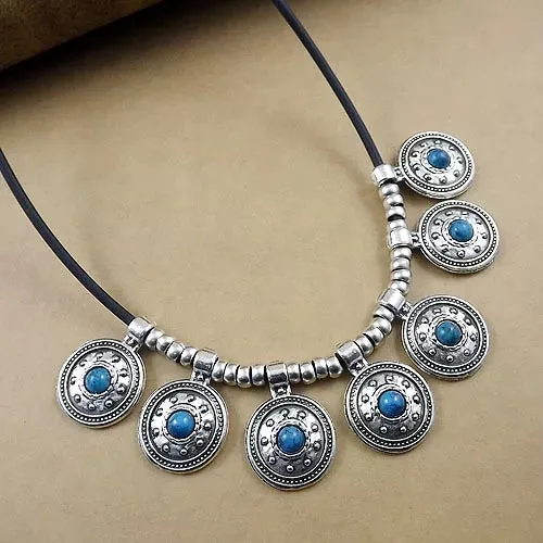 Round Vintage Tibetan Silver Leather Choker Statement Necklace