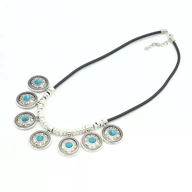 Round Vintage Tibetan Silver Leather Choker Statement Necklace