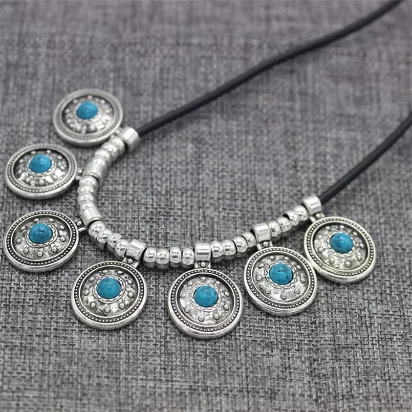 Round Vintage Tibetan Silver Leather Choker Statement Necklace