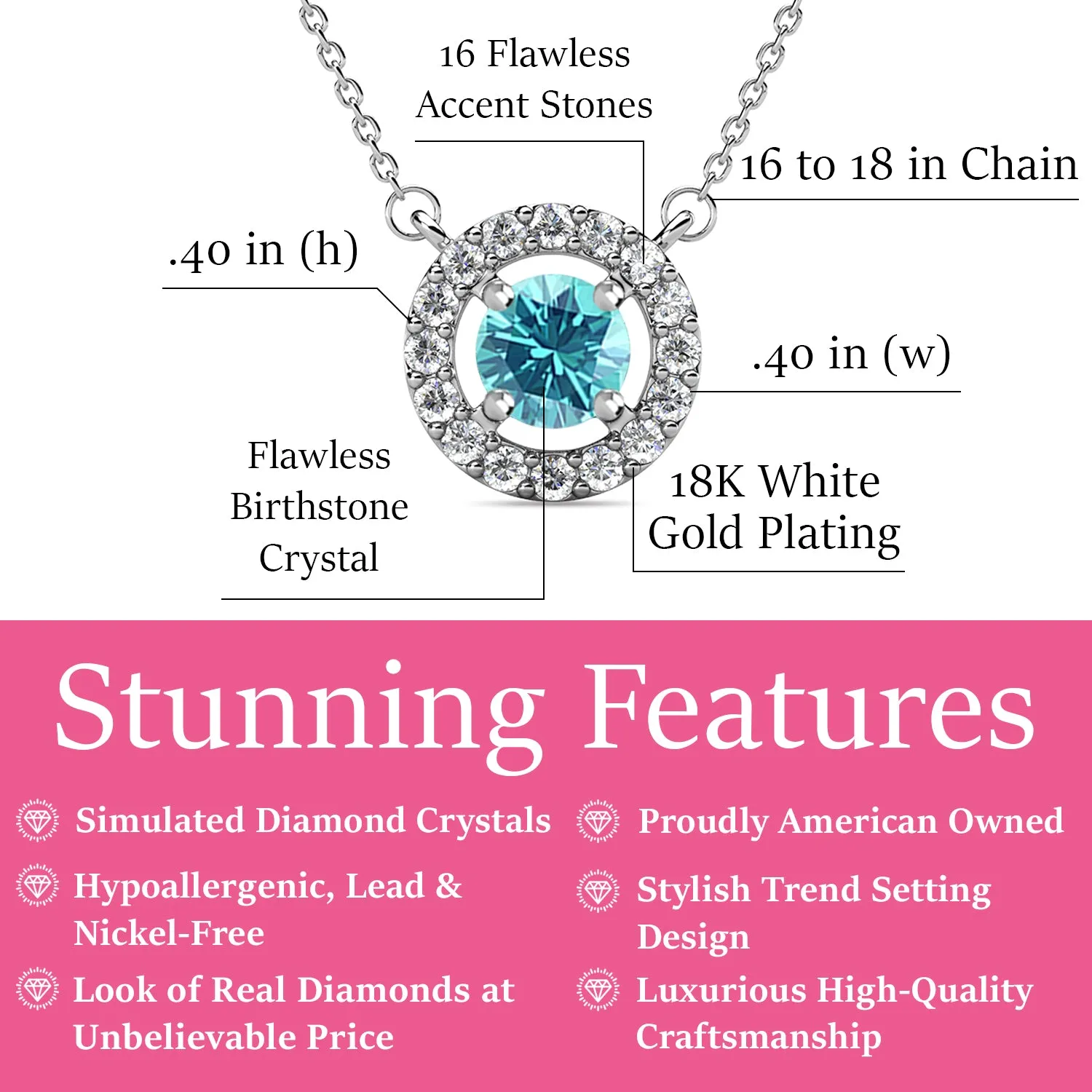 Royal 18k White Gold Plated Birthstone Halo Necklace with Round Cut Crystals