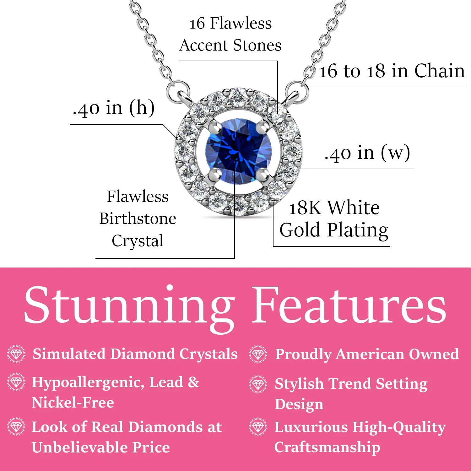 Royal 18k White Gold Plated Birthstone Halo Necklace with Round Cut Crystals