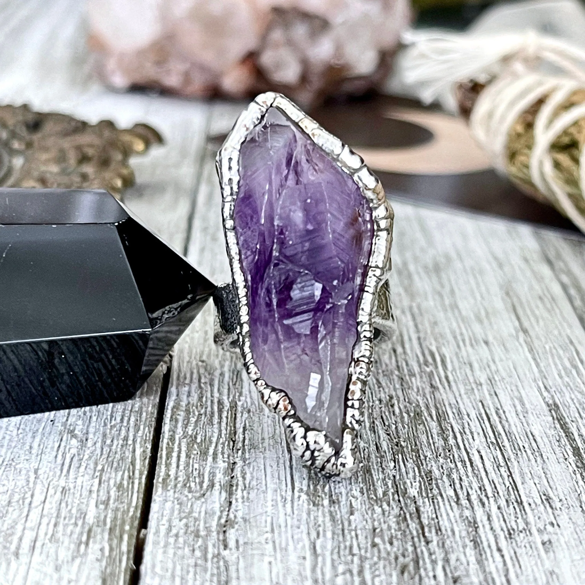 Size 6 Big Raw Amethyst Purple Crystal Ring in Fine Silver / Foxlark Collection - One of a Kind